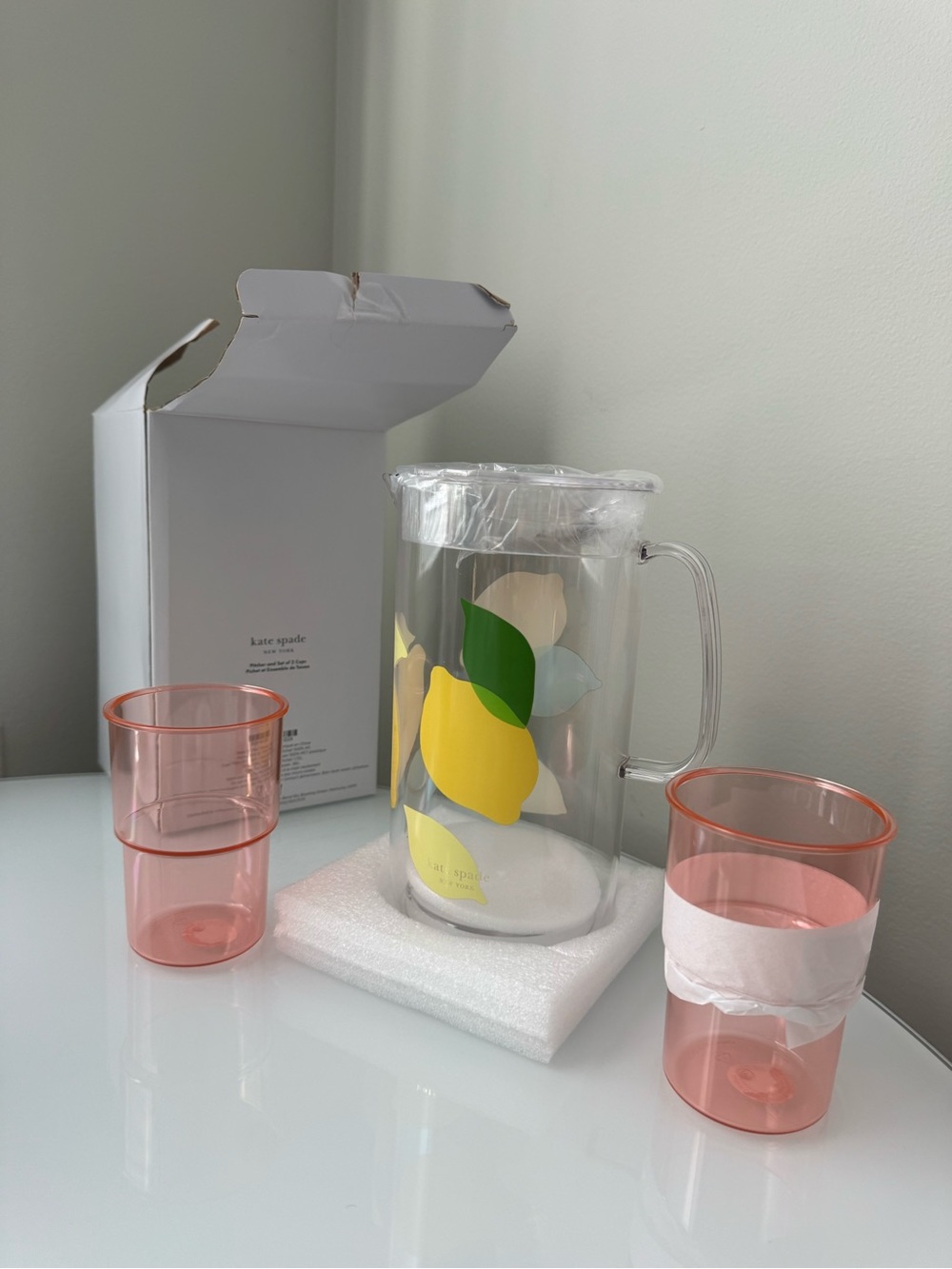 Kate Spade Yellow & Pink Lemon Pitcher + Cup Drinkware Set
